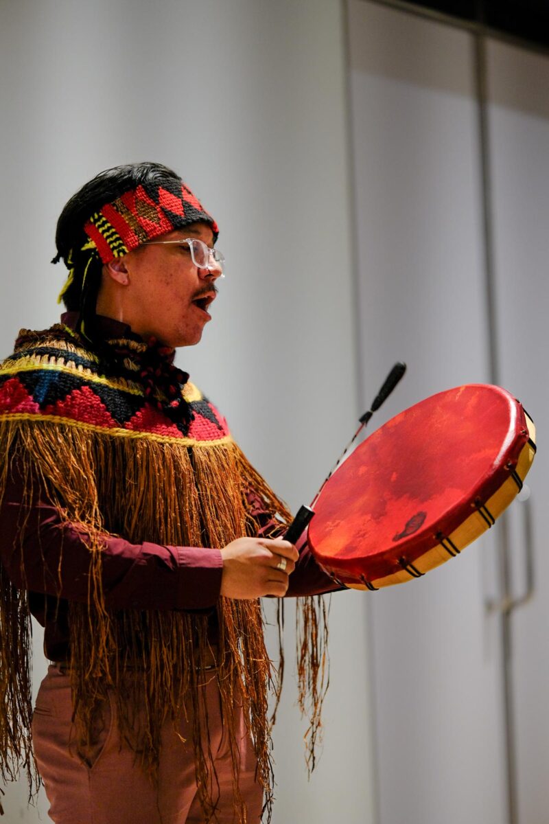 William George-Thomas, Cultural Affairs Manager for the Tsleil-Waututh Nation, welcoming us with a territorial acknowledgement and song.