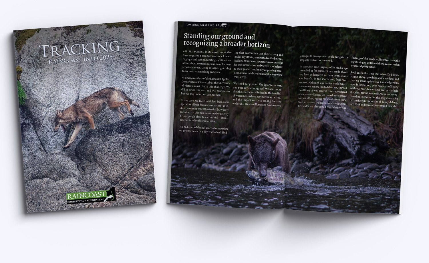 Tracking Raincoast into 2025 cover with a wolf on a cliff face, looking very cool, and two inside pages with text and a grizzly bear eating a salmon.