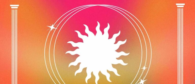 Bright organge and red over a sun and orbits.