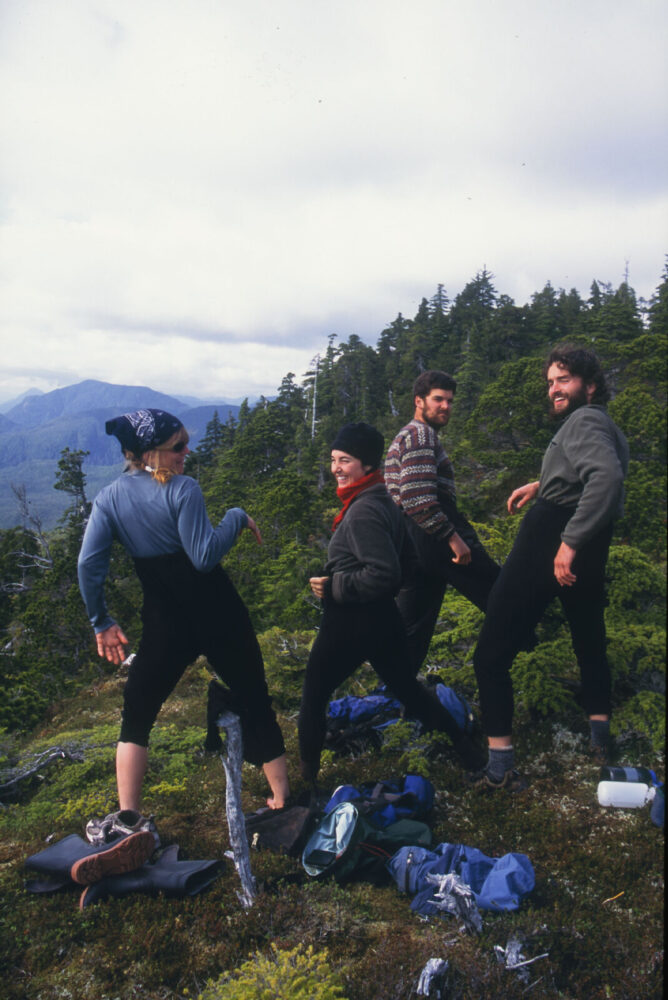 After a deer pellet group transect into the sub-alpine in Heiltsuk territory in 2003, Gudy and crew strike a goofy pose.