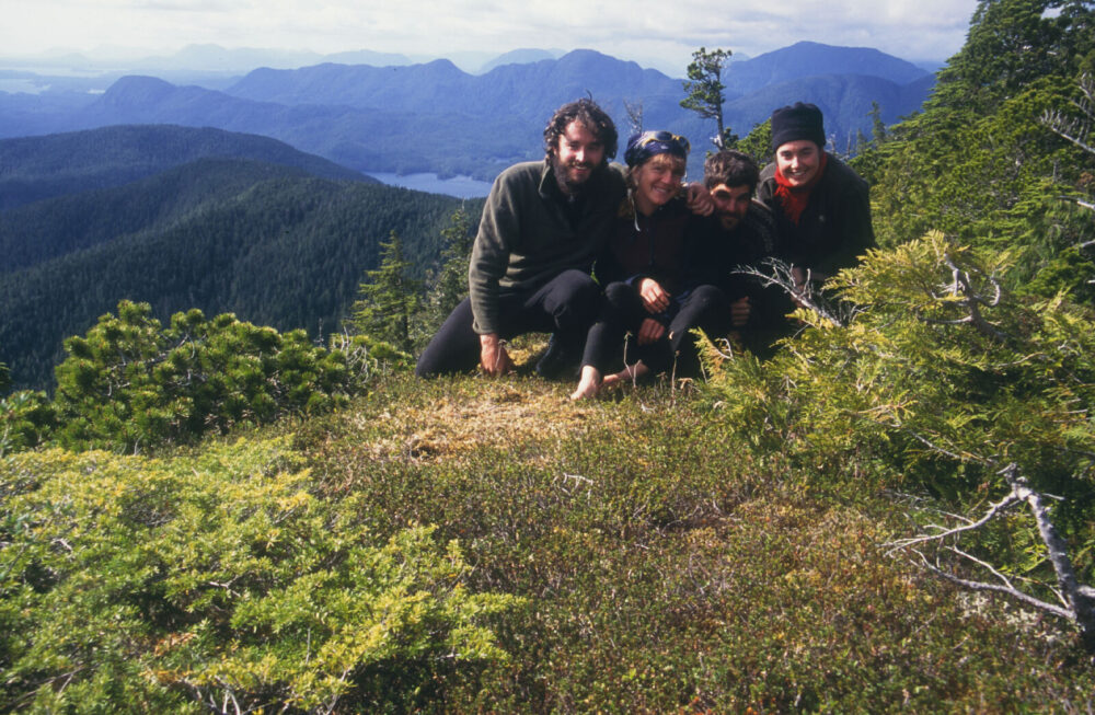 High above in Heiltsuk territory, Gudy and crew take time for a photo and lunch before the six-hour hike down to their boat.