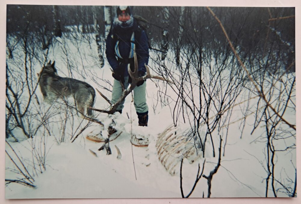 Astrid, Gudrun, and her dog Nahanni, circa 2004, doing field work in Riding Mountain National Park, Manitoba, and finding carcasses of elk.