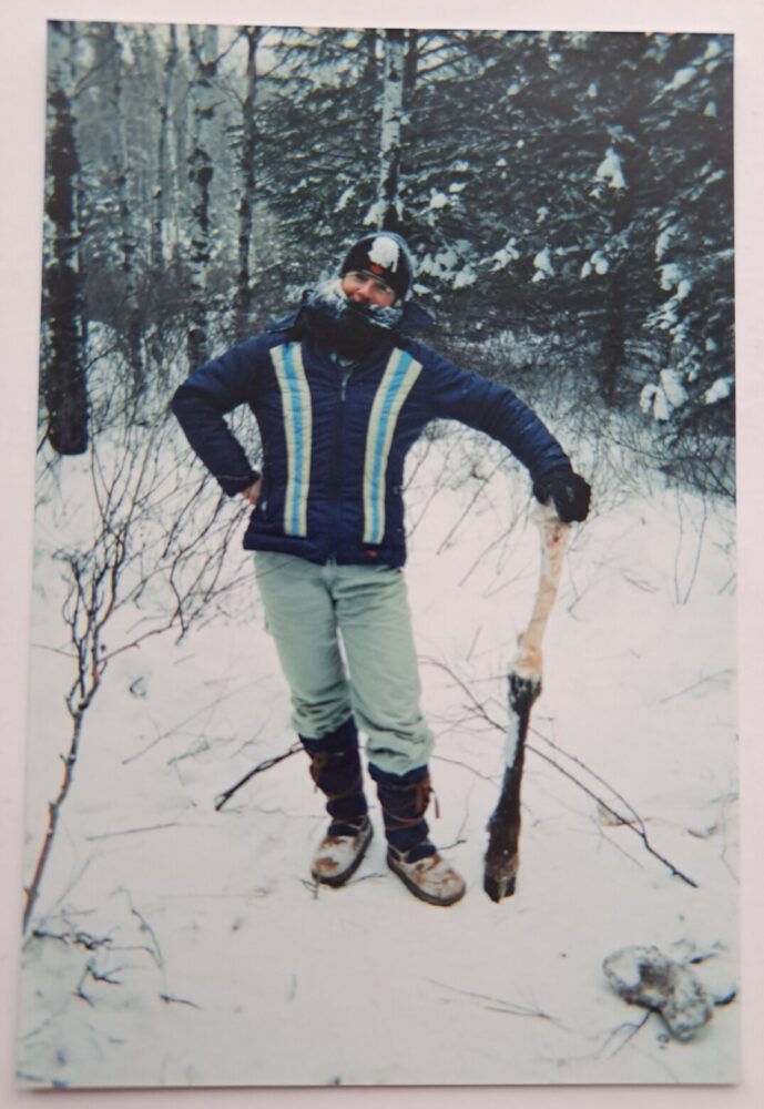 Astrid, Gudrun, and her dog Nahanni, circa 2004, doing field work in Riding Mountain National Park, Manitoba, and finding carcasses of elk.
