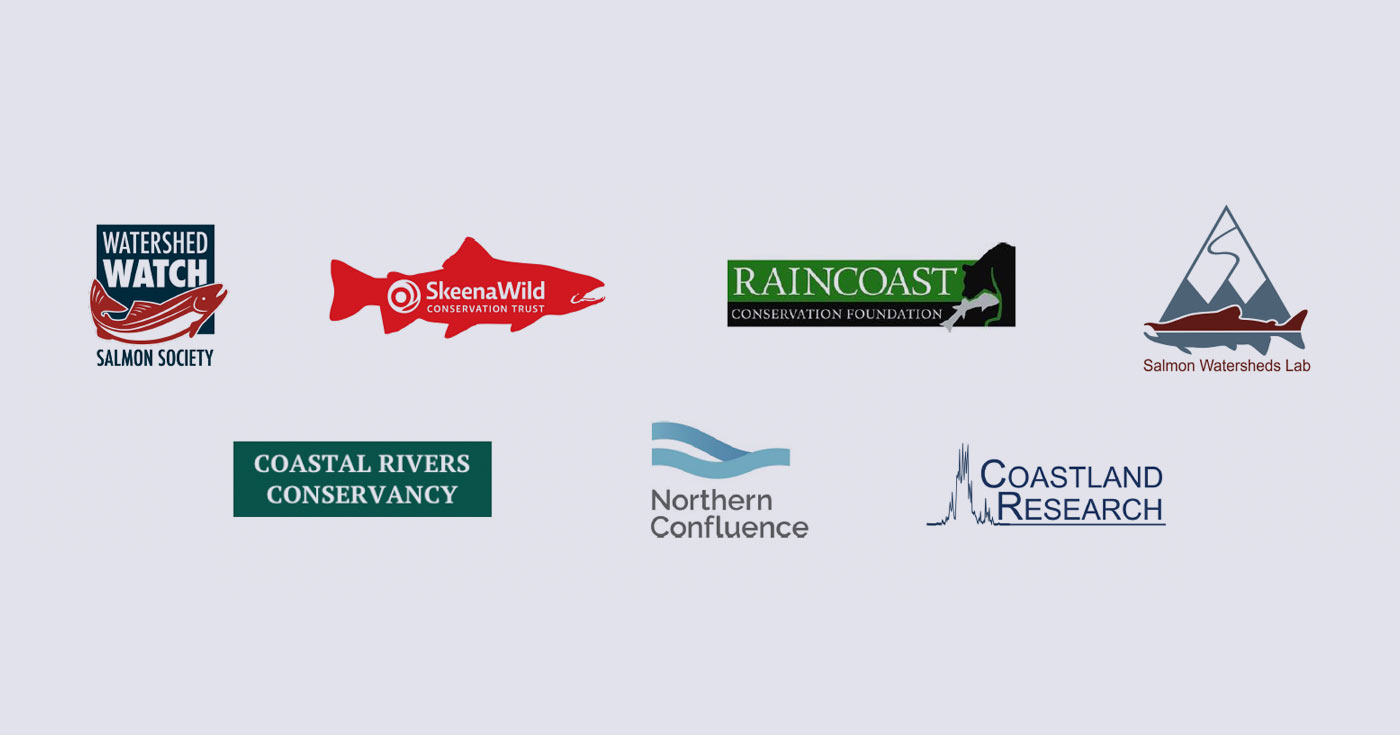 Partner logos for the letter to the DFO, including: Watershed Watch, Skeena Wild, Northern Confluence, Coastland Research, Salmon Watersheds Lab, and Coastal Rivers Conservancy.