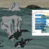 Illustration of killer whales and salmon and a figure in the foreground.
