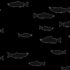 A plethora of illustrated black salmon with white outlines are presented in high contrast against a black background.
