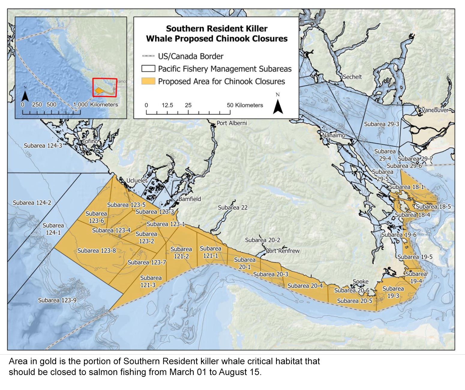 Shareable map of proposed Chinook closures for Southern Resident killer whales with the caption included in the image: Area in gold is the portion of Southern Resident killer whale critical habitat that should be closed to salmon fishing from March 01 to August 15.