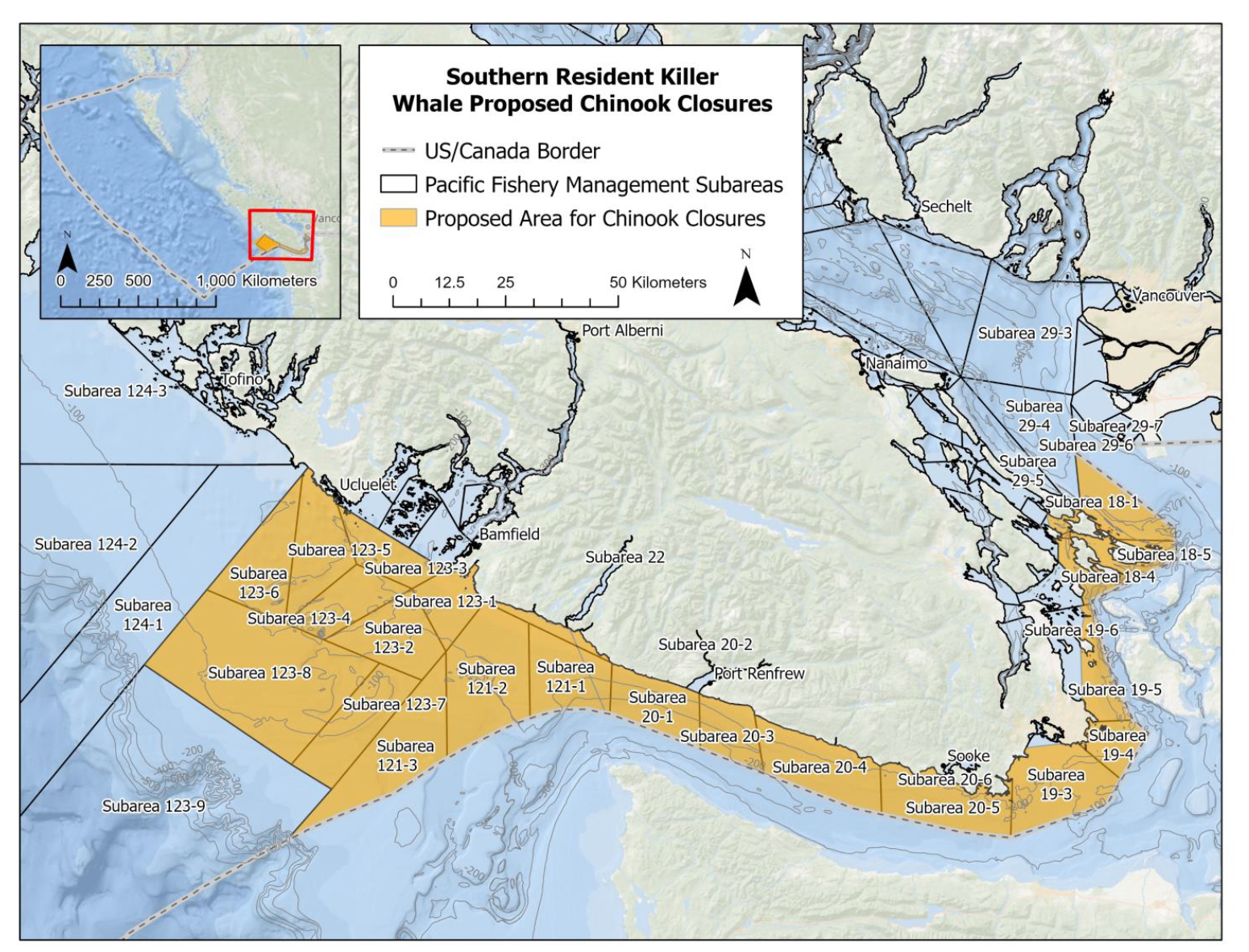 Map of proposed Chinook closures for Southern Resident killer whales.