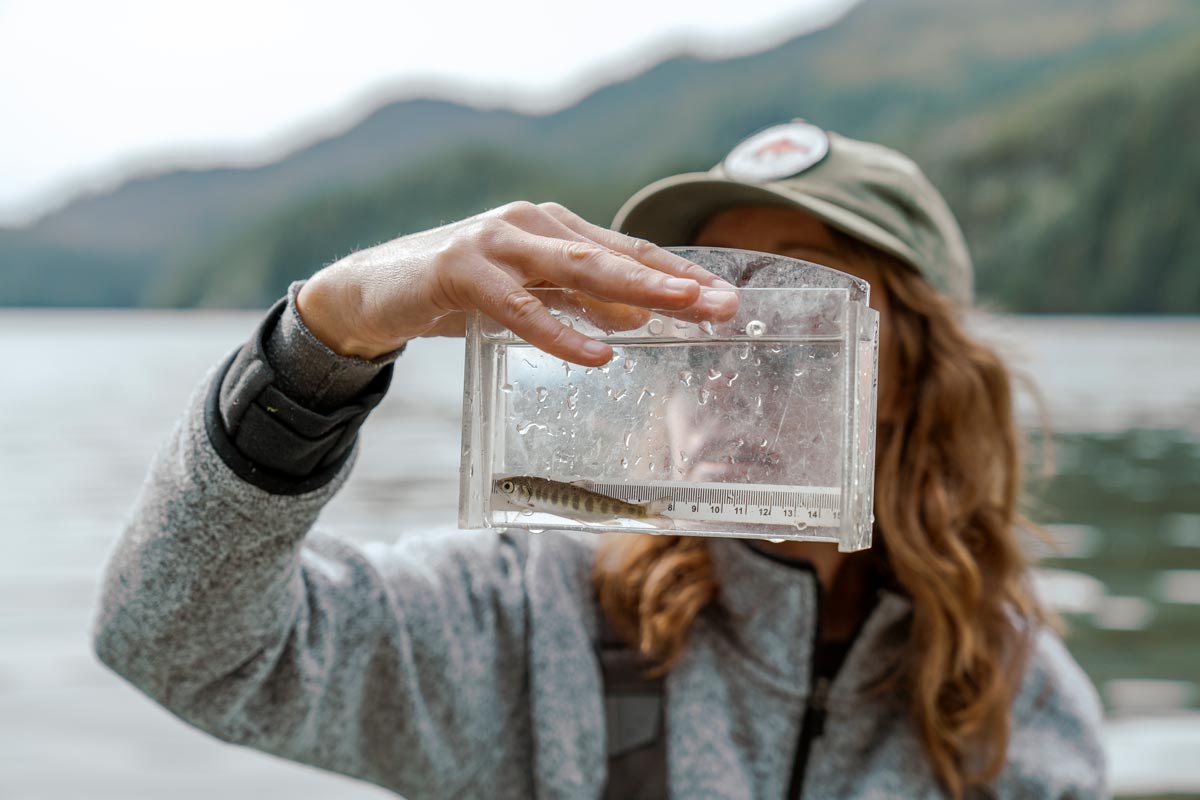 Jessica Hutchinson, executive director of Redd Fish Restoration, working outdoors, on the water, looking through a fish measuring device.