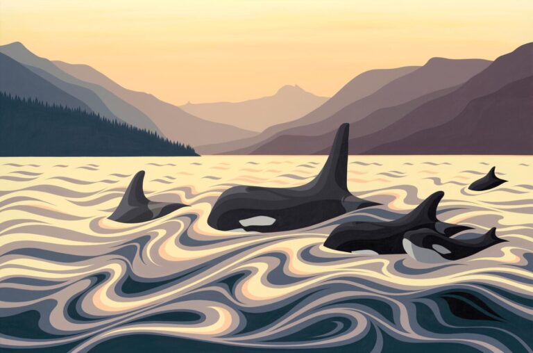 Painting of killer whales in the bright yellow and purple sky and ocean colours of sunset.