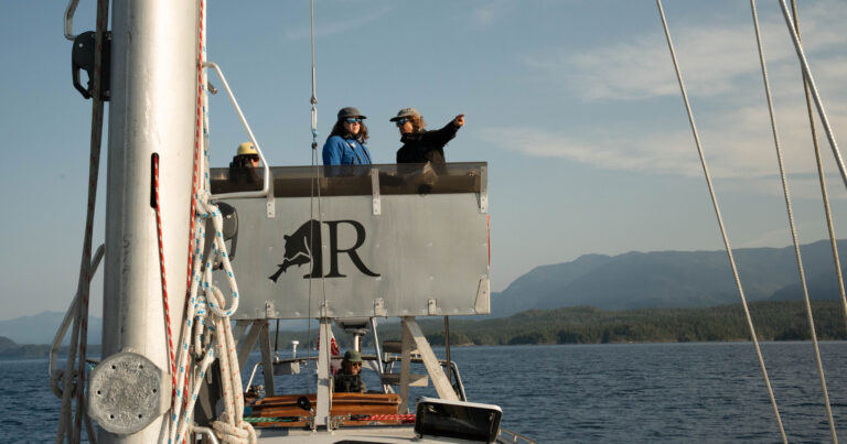 Two research scientists stand atop a platform on a sail boat, one of them pointing out into the distance. Both wear blue baseball hats. A mountain range and a blue sky is seen in the background.