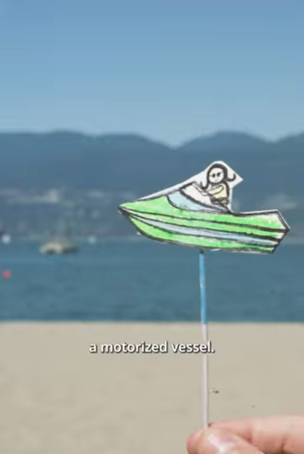 Nicole Van Zutphen rides her pretend motorized vehicle on a stick (art).