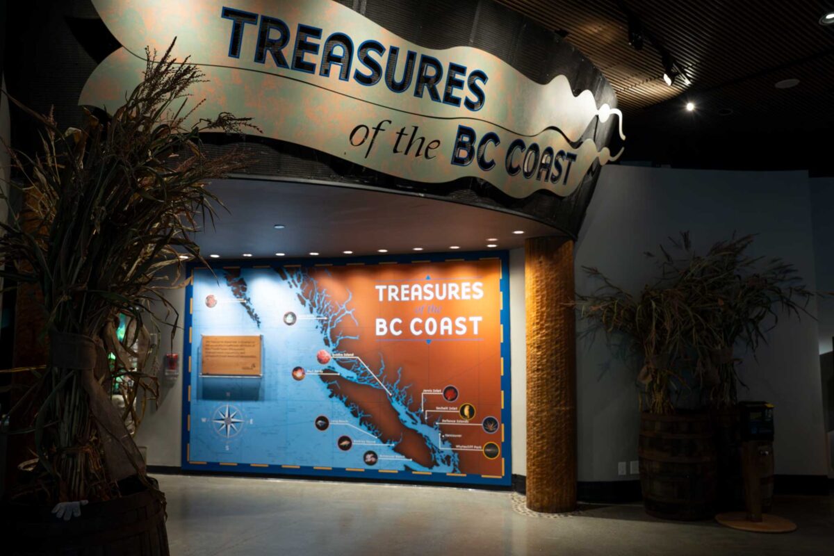 The entrance to the Vancouver Aquarium's exhibit "Treasures of the BC Coast" glows, a large map of the coast visible beneath a big sign.