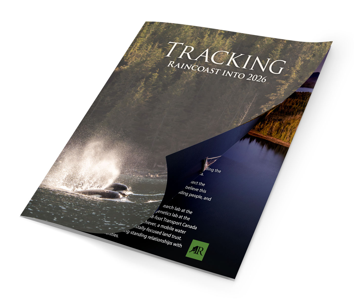Tracking Raincoast into 2026, cover and inside page, with killer whales in the water.