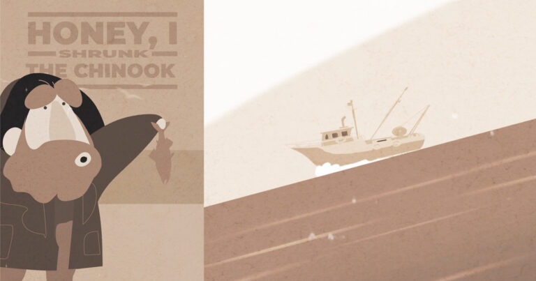 On the left is a man holding up a small salmon and on the right is a boat on the water.