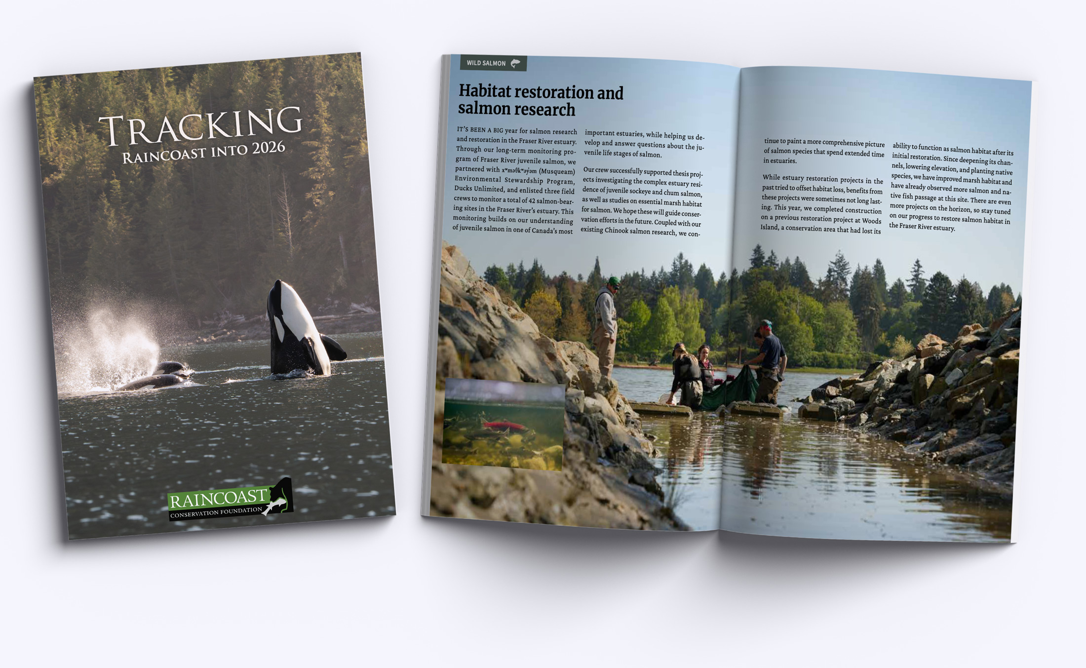 The cover and an inside spread of Tracking Raincoast into 2026 are laid out in an enticing format.