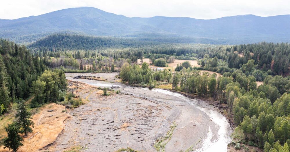Aerial view of the winding Colwater river in the Nicola valley.