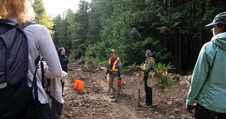 A group of young conservationists gather together at a forest restoration site, shovels and native plants in hand ready to plant.
