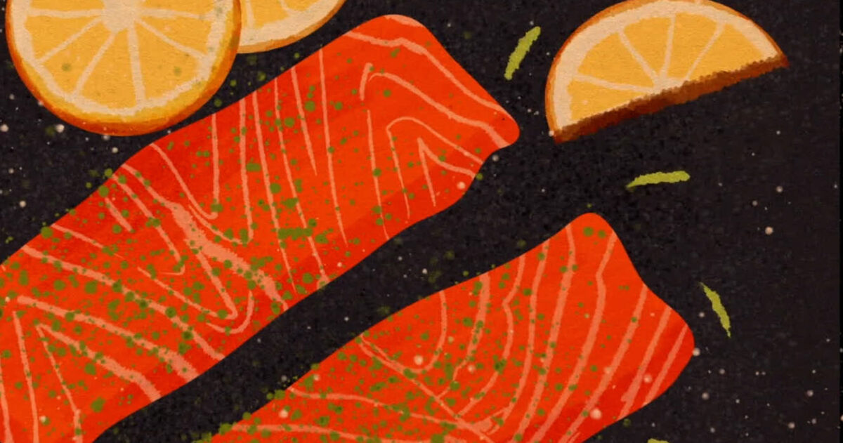 An illustration of pink salmon filets with some chopped lemons and seasoning.