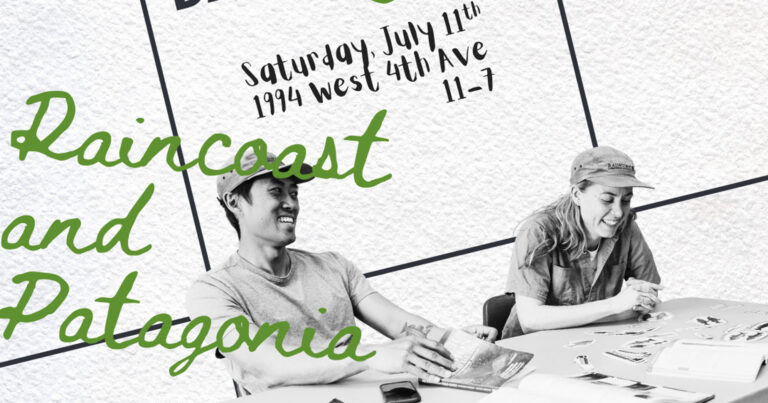 Two young scientists sit at table, smiling at each other. The image is in black and white as if it's been drawn onto a calendar, with the date and "Raincoast and Patagonia" written in green ink.