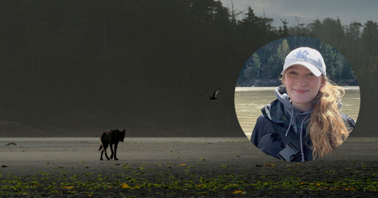 Chavon Robertshaw floats over top of a photo of a wolf on the flood plain.