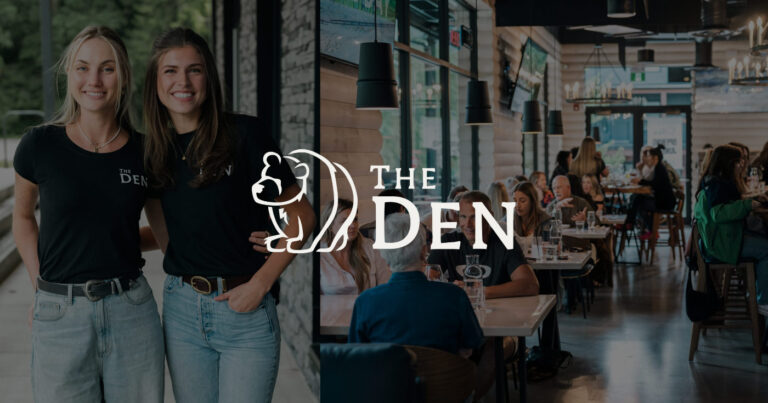The Den Logo, in white, floats over top of photos of the vibrant inside of this restaurant and bar.
