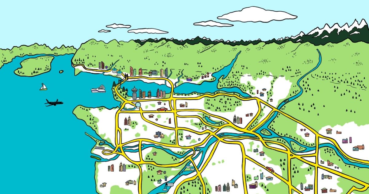 Illustrated map of Metro Vancouver highlighting major roadways, streams, and mountains in the background.