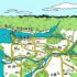 Illustrated map of Metro Vancouver highlighting major roadways, streams, and mountains in the background.