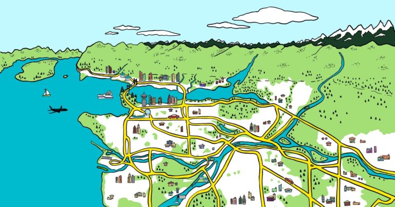 Illustrated map of Metro Vancouver highlighting major roadways, streams, and mountains in the background.