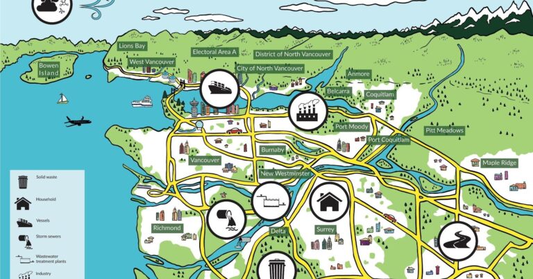 Vibrant, hand-drawn map of Metro Vancouver with special attention to water sources.