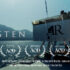 A group of scientists sit in an elevated platform on a sailboat at sea, looking out at the landscape and waters. The title "Learning to Listen" reads across the mountains, and film laurels grace the bottom alongside credits.