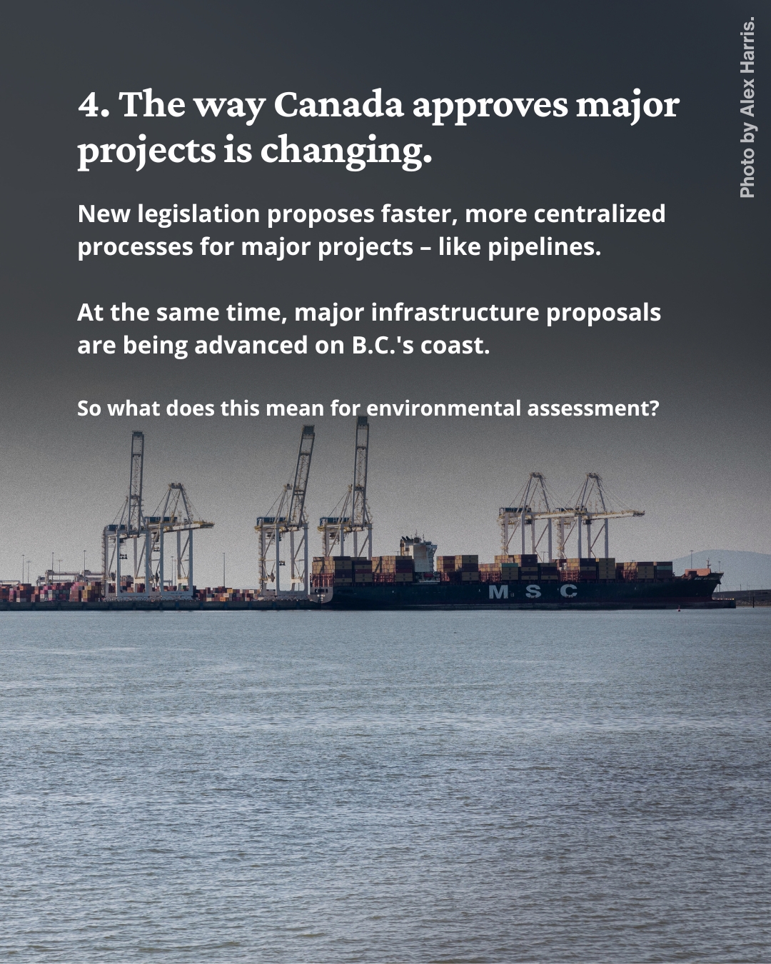 Text over a photo of a shipping terminal on the ocean.