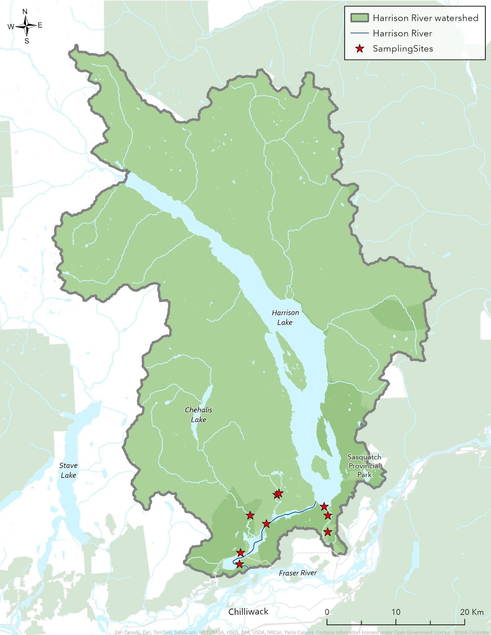 A map of the Harrison River watershed – the traditional, ancestral, and unceded territory of several First Nations, including the Sts’ailes First Nation. This watershed covers an area of 8,324 km2.