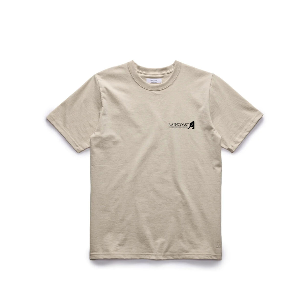 A beige tshirt is seen from the front, Raincoast's black logo visible on the left breast pocket.