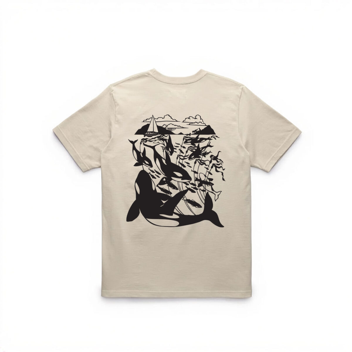 the back of a beige t-shirt features a beautiful black design featuring killer whales swimming, kelp, salmon, a sail boat floating atop the water and mountains with coastal wolves in the background.
