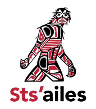Sts'ailes logo in red and black of an upright walking being.
