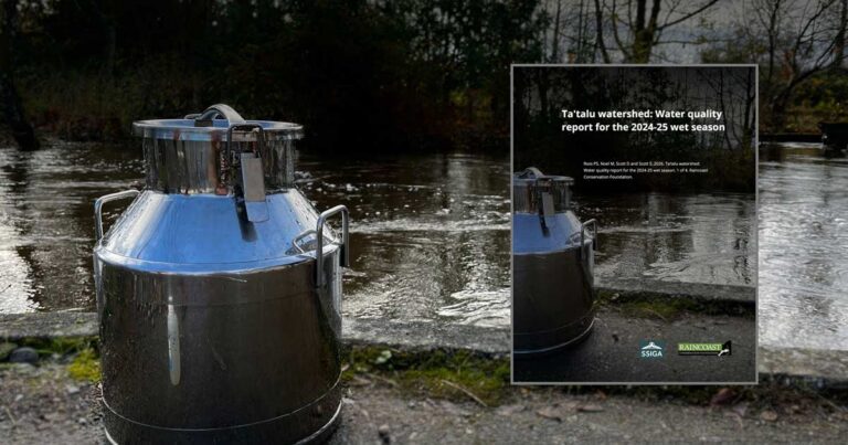 A watershed report cover floats over top of a river and contaminant container: Ta'talu watershed: Water quality report for the 2024-25 wet season.